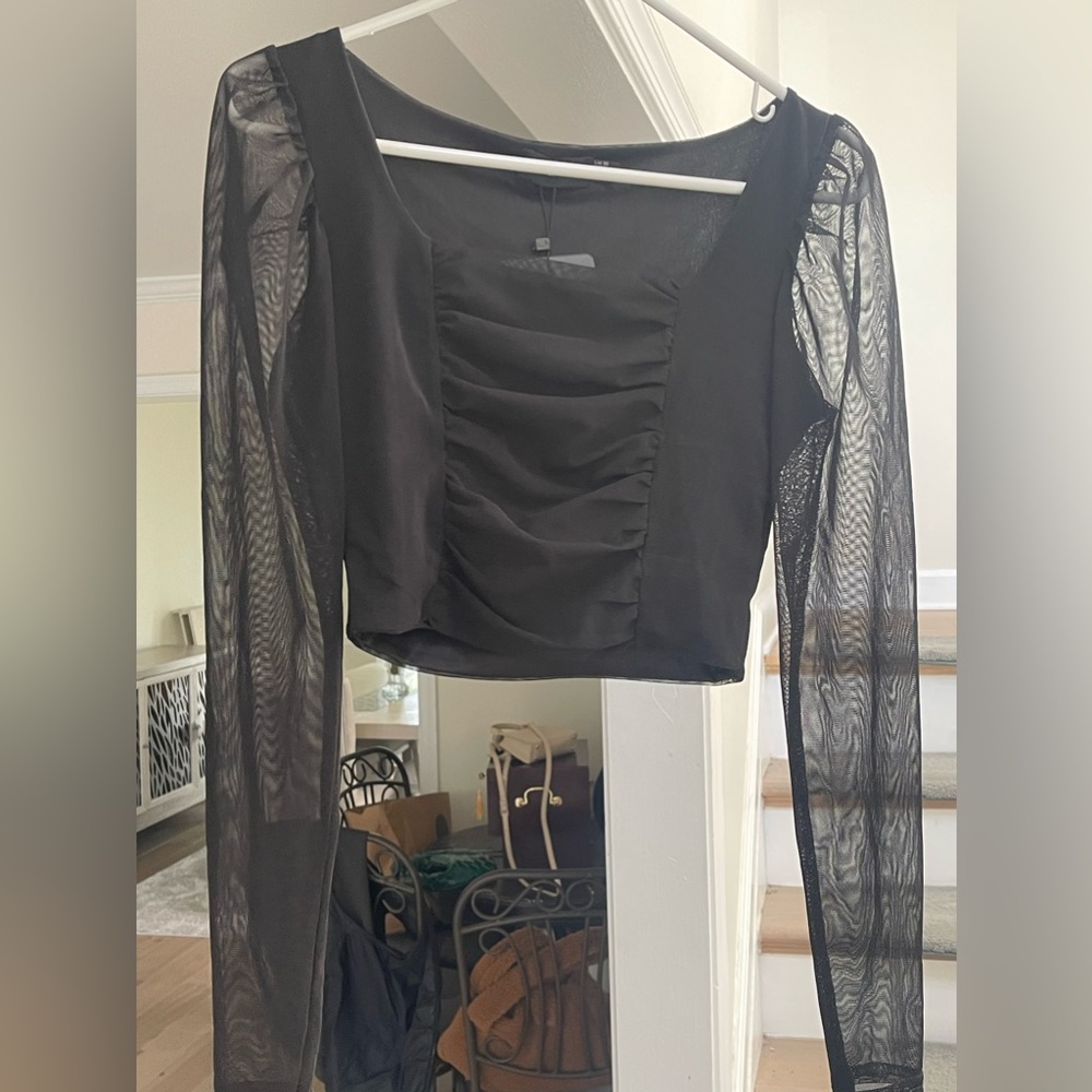 Pretty Little Thing Square Neck Meshed Long Sleeve Crop Top